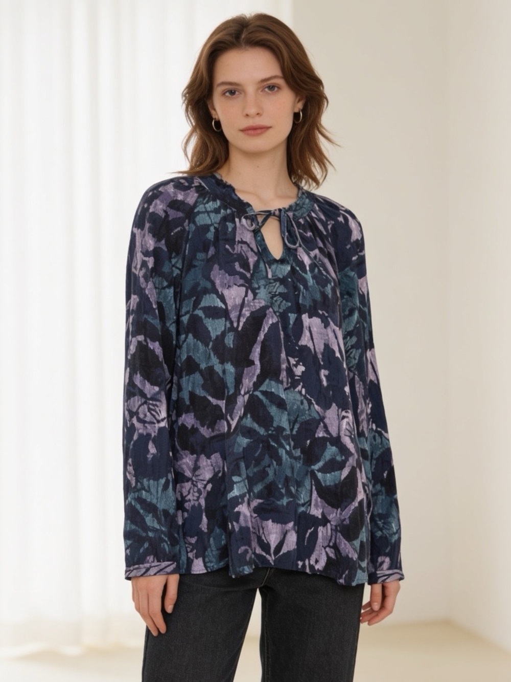 NIC+ZOE Blue Purple Abstract Floral Tie Neck Long Sleeve Knit Top Medium